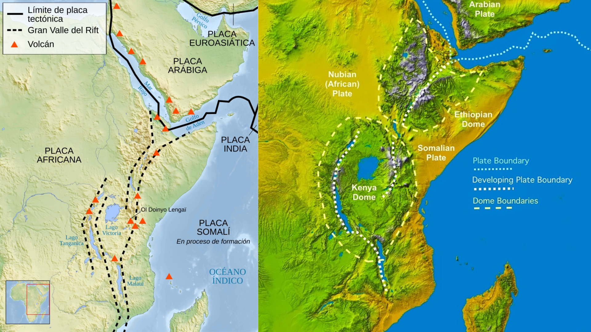 Mapas demonstrando o Rift Africano