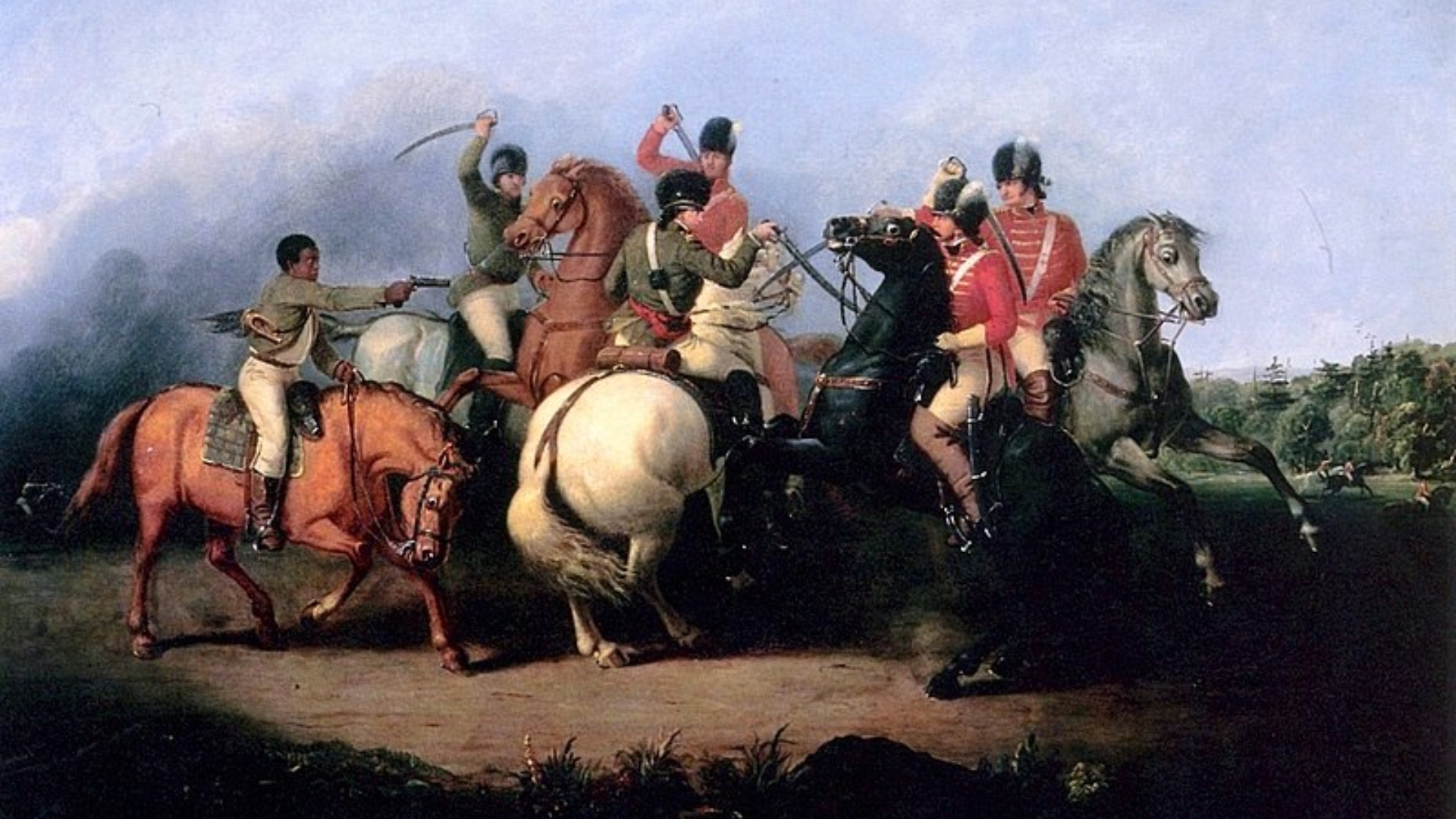 Pintura por William Ranney: na extrema esquerda um soldado negro dispara sua pistola contra um militar britânico, salvando assim a vida do coronel americano William Washington (no cavalo branco ao centro).