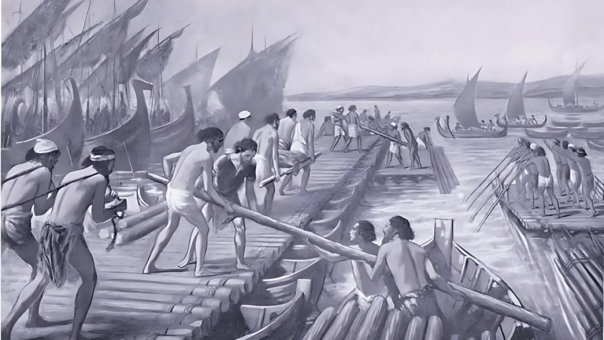 Reconstrução artística da travessia do Helesponto por Xerxes e seu exército, utilizando pontes flutuantes feitas sobre embarcações.
