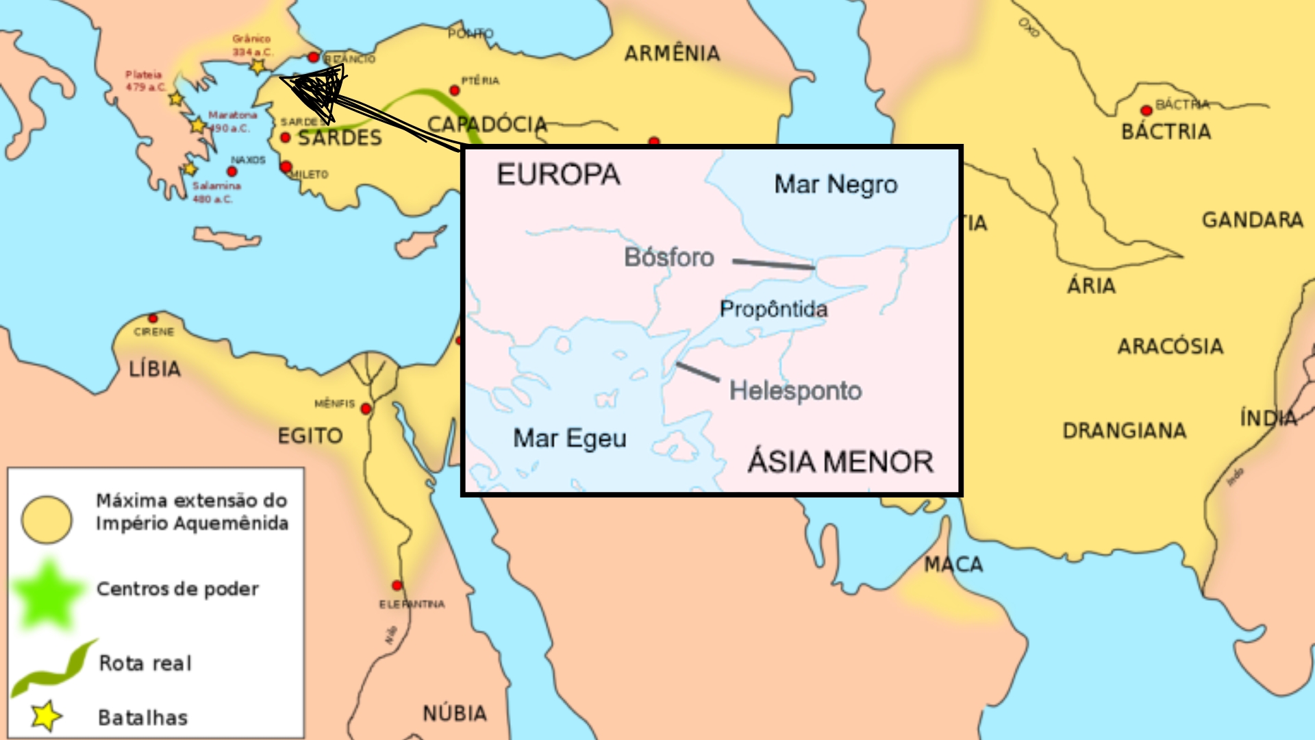 Localização estratégica do Bósforo e do Helesponto, estreitos que conectam o Mar Negro ao Mar Egeu, fundamentais para a travessia do exército persa durante as Guerras Médicas.