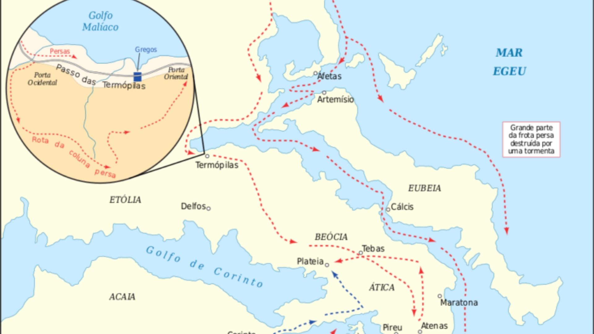 Mapa destacando o local das Termópilas e do estreito de Artemísio, local da batalha naval.