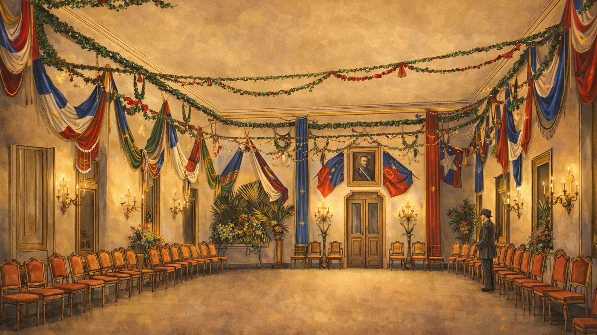 Sala de baile da Ilha Fiscal preparada para a festa de 9 de novembro de 1889, em honra da Marinha chilena. Reimaginado por I.A