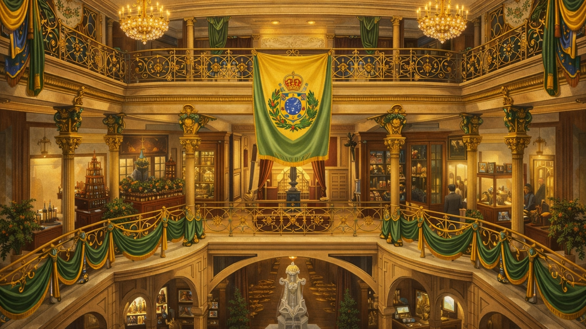 Exposição Universal de Paris: exposição brasileira – [interior do pavilhão] Primeiro andar – lado direito da escadaria - Reimaginação por IA