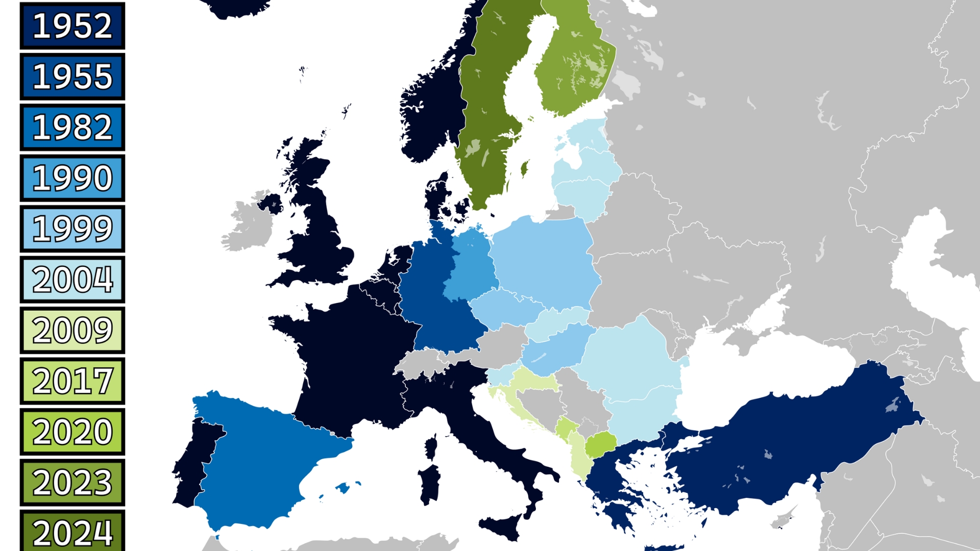 Mapa de países que passaram a fazer parte da Otan na Europa desde 1949