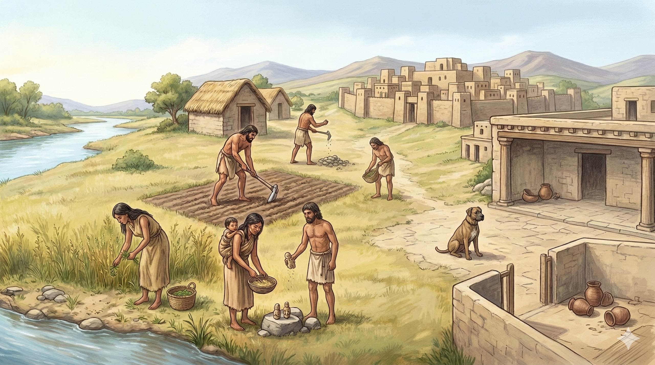 Esta ilustração captura a transição fundamental do Neolítico, mostrando o surgimento da agricultura perto de rios e a fixação de populações em aldeias fortificadas. A cena detalha a divisão de tarefas diárias, como o plantio, a domesticação de animais e os rituais, que marcaram o início da complexidade social e da vida sedentária.