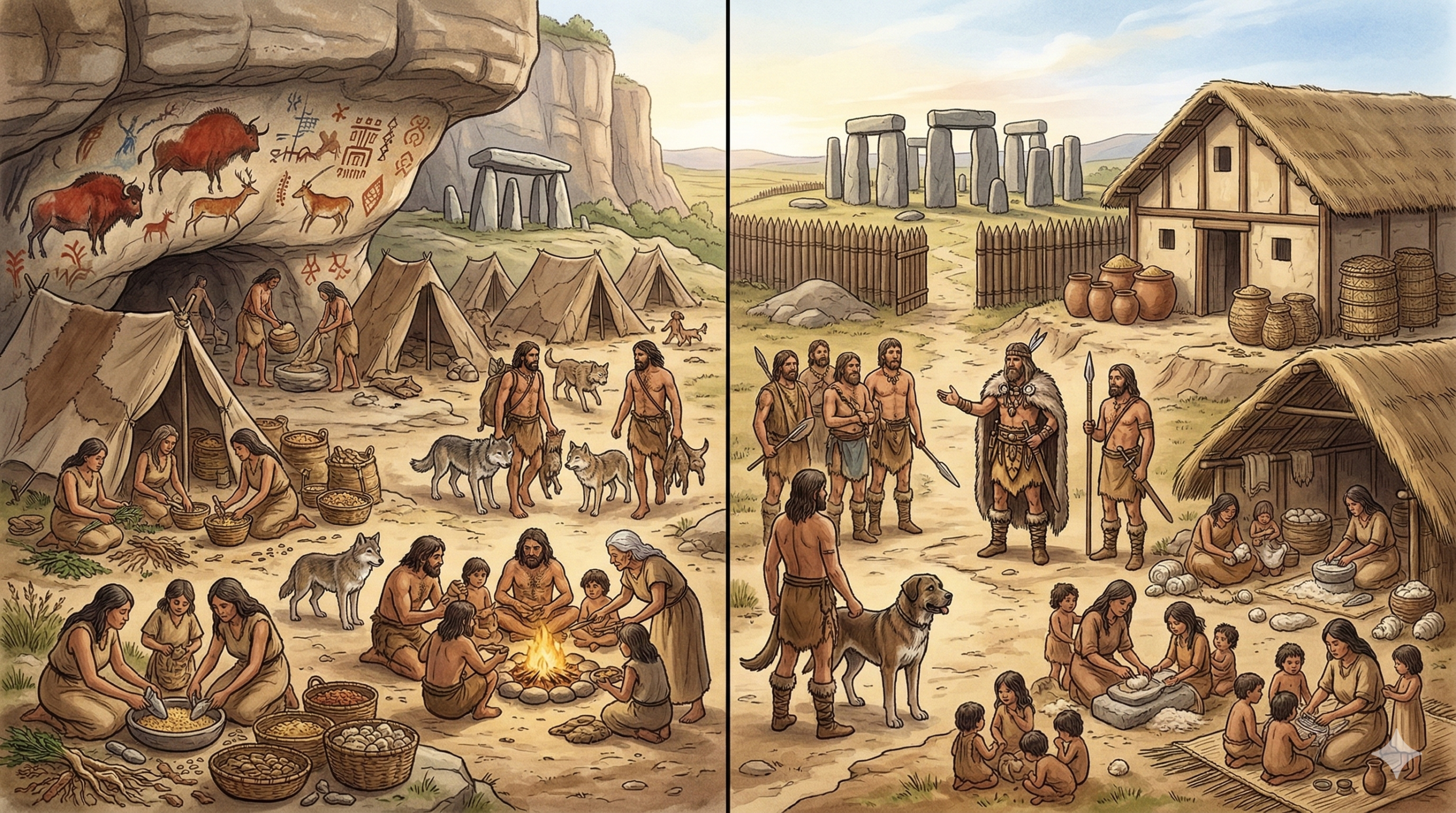 A transição do Paleolítico: do bando cooperativo à acumulação de excedentes e ao surgimento das hierarquias sociais.